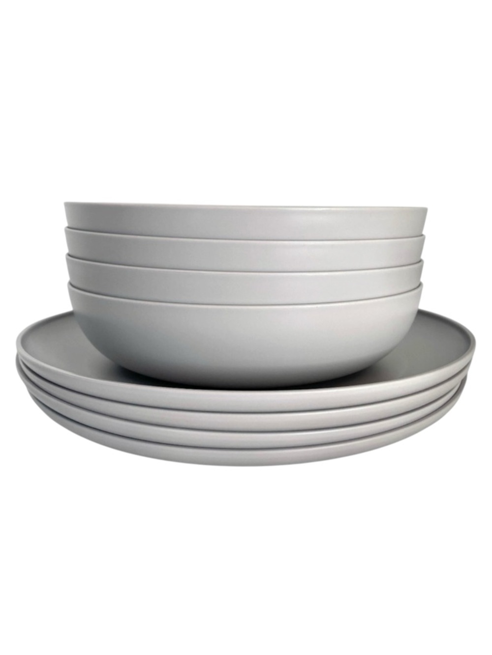 8 Piece Gray Plastic Set 4 Plates, 4 Bowls